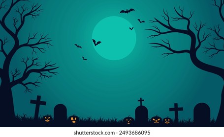 Fondo de Halloween con calabazas de miedo en la noche de luna llena con cementerio y murciélagos voladores. Silueta de árboles y hierba. Ilustración vectorial