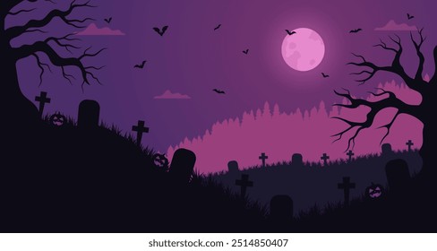 Halloween background with scary pumpkins on full moon night with graveyard and flying bats. Silhouette of trees and grass. Vector illustration