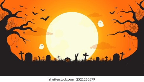 Halloween background with scary pumpkins on full moon night with graveyard and flying bats. Zombie revival scary . Silhouette of tree and grass. Spiders and spider webs on trees. Vector illustration