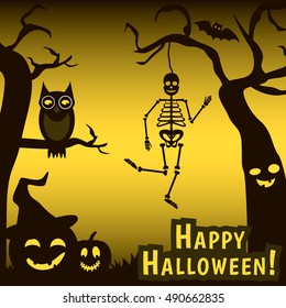 Halloween Background with Scary Pumpkins, skeleton, trees, bat and owl. Happy halloween greeting card. Vector illustration.