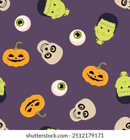 Plano de fundo de Halloween com abóboras assustadoras, crânios, cabeça de Frankenstein e Eyeballs. Padrão contínuo. Ilustração plana em desenho animado de vetor