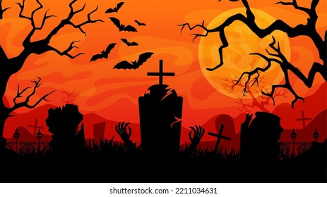 Fondo de Halloween. Piedra de lápida en el cementerio, gran luna ominosa, árboles secos espeluznantes, murciélagos voladores. Cartel de la invitación a la fiesta. Ilustración vectorial de Halloween.