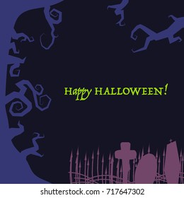 Halloween background with scary tree branches and cemetery silhouette