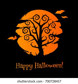Halloween background with scary tree, moon and bats. Good for greetings design. Paintbrush strokes texture.