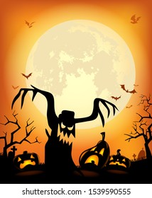 Halloween background with scary tree and pumpkins against the full moon for invitation or poster