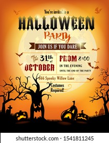 Halloween background with scary tree and pumpkins against the full moon for invitation or poster