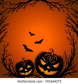 Halloween background. Scary tree twigs, flying bats and halloween pumpkin lanterns on orange background. Halloween Party design template. Vector