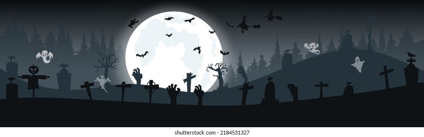 halloween background. Scary trees, bats, tombstones and crow, vector illustration.	
