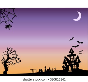 Halloween background scene. Classic Halloween sights silhouetted in the foreground: haunted house, bats flying, old cemetery, spooky tree, spider and spiderweb. Horizontal format with room for text. 