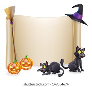 Halloween background scroll sign with witch hat, broomstick, carved orange pumpkins and witch's black cats 