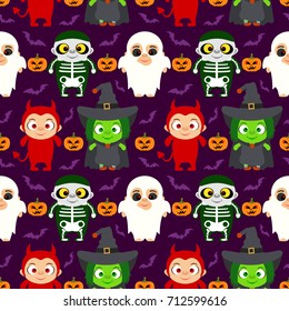 Halloween background  seamless with kids in Halloween costume .Vector illustration