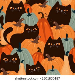 Halloween Background Seamless Pattern with black cats and pumpkins, cute kawaii black cat character, for fabric, wrapping paper, wallpaper and other