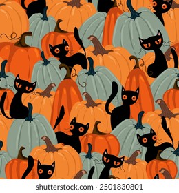 Halloween Background Seamless Pattern with black cats and pumpkins, cute kawaii black cat character, for fabric, wrapping paper, wallpaper and other