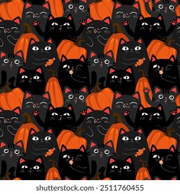 Halloween Background Seamless Pattern with black cats and pumpkins, cute kawaii black cat character, for fabric, wrapping paper, wallpaper and other