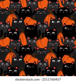 Halloween Background Seamless Pattern with black cats and pumpkins, cute kawaii black cat character, for fabric, wrapping paper, wallpaper and other