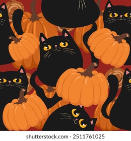 Halloween Background Seamless Pattern with black cats and pumpkins, cute kawaii black cat character, for fabric, wrapping paper, wallpaper and other