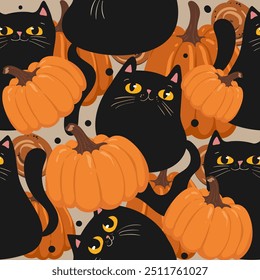 Halloween Background Seamless Pattern with black cats and pumpkins, cute kawaii black cat character, for fabric, wrapping paper, wallpaper and other