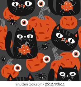 Halloween Background Seamless Pattern with black cats and pumpkins, cute kawaii black cat character, for fabric, wrapping paper, wallpaper and other