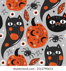 Halloween Background Seamless Pattern with black cats and pumpkins, cute kawaii black cat character, for fabric, wrapping paper, wallpaper and other