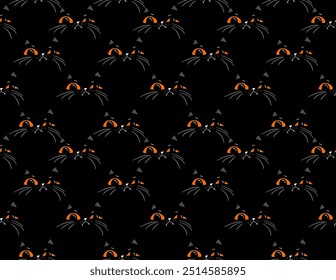 Halloween Background Seamless Pattern with black cats grumpy faces, cute kawaii black cat character, for fabric, wrapping paper, wallpaper and other