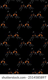 Halloween Background Seamless Pattern with black cats grumpy faces, cute kawaii black cat character, for fabric, wrapping paper, wallpaper and other