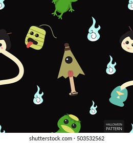 Halloween background seamless pattern, cartoon vector illustration. Character of japanese ghost. 