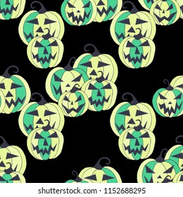 Halloween Background. Seamless Pattern with Carved Pumpkins. Jack o Lantern Seamless Texture. Scaring Faces on Pumpkins.