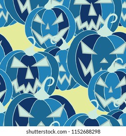 Halloween Background. Seamless Pattern with Carved Pumpkins. Jack o Lantern Seamless Texture. Scaring Faces on Pumpkins.