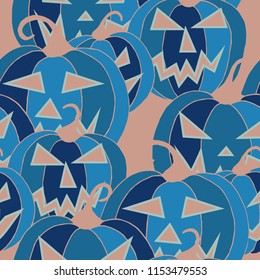 Halloween Background. Seamless Pattern with Carved Pumpkins. Jack o Lantern Seamless Texture. Scaring Faces on Pumpkins.