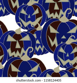 Halloween Background. Seamless Pattern with Carved Pumpkins. Jack o Lantern Seamless Texture. Scaring Faces on Pumpkins.