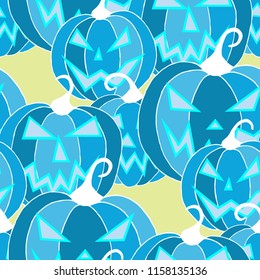 Halloween Background. Seamless Pattern with Carved Pumpkins. Jack o Lantern Seamless Texture. Scaring Faces on Pumpkins.
