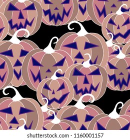 Halloween Background. Seamless Pattern with Carved Pumpkins. Jack o Lantern Seamless Texture. Scaring Faces on Pumpkins.