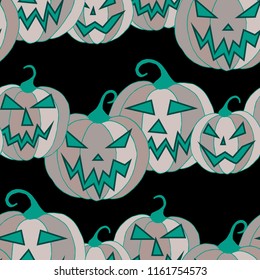 Halloween Background. Seamless Pattern with Carved Pumpkins. Jack o Lantern Seamless Texture. Scaring Faces on Pumpkins.