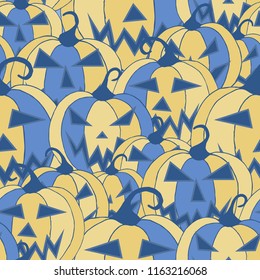 Halloween Background. Seamless Pattern with Carved Pumpkins. Jack o Lantern Seamless Texture. Scaring Faces on Pumpkins.