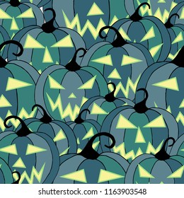 Halloween Background. Seamless Pattern with Carved Pumpkins. Jack o Lantern Seamless Texture. Scaring Faces on Pumpkins.