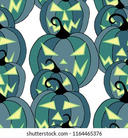 Halloween Background. Seamless Pattern with Carved Pumpkins. Jack o Lantern Seamless Texture. Scaring Faces on Pumpkins.