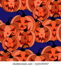 Halloween Background. Seamless Pattern with Carved Pumpkins. Jack o Lantern Seamless Texture. Scaring Faces on Pumpkins