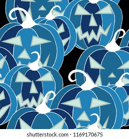Halloween Background. Seamless Pattern with Carved Pumpkins. Jack o Lantern Seamless Texture. Scaring Faces on Pumpkins.