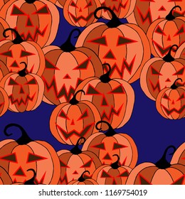 Halloween Background. Seamless Pattern with Carved Pumpkins. Jack o Lantern Seamless Texture. Scaring Faces on Pumpkins