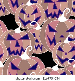 Halloween Background. Seamless Pattern with Carved Pumpkins. Jack o Lantern Seamless Texture. Scaring Faces on Pumpkins.