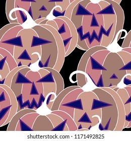 Halloween Background. Seamless Pattern with Carved Pumpkins. Jack o Lantern Seamless Texture. Scaring Faces on Pumpkins.