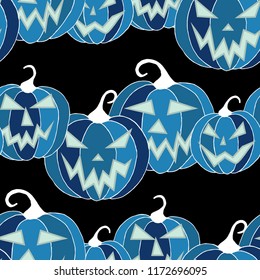 Halloween Background. Seamless Pattern with Carved Pumpkins. Jack o Lantern Seamless Texture. Scaring Faces on Pumpkins.
