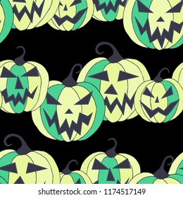 Halloween Background. Seamless Pattern with Carved Pumpkins. Jack o Lantern Seamless Texture. Scaring Faces on Pumpkins.