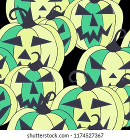 Halloween Background. Seamless Pattern with Carved Pumpkins. Jack o Lantern Seamless Texture. Scaring Faces on Pumpkins.