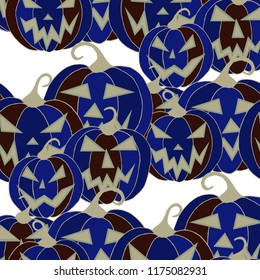 Halloween Background. Seamless Pattern with Carved Pumpkins. Jack o Lantern Seamless Texture. Scaring Faces on Pumpkins.