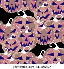 Halloween Background. Seamless Pattern with Carved Pumpkins. Jack o Lantern Seamless Texture. Scaring Faces on Pumpkins.