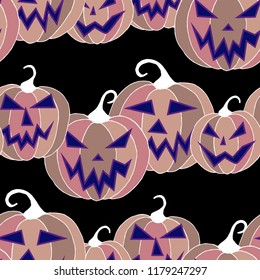 Halloween Background. Seamless Pattern with Carved Pumpkins. Jack o Lantern Seamless Texture. Scaring Faces on Pumpkins.