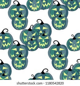Halloween Background. Seamless Pattern with Carved Pumpkins. Jack o Lantern Seamless Texture. Scaring Faces on Pumpkins.