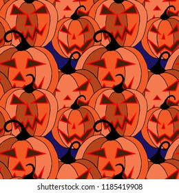 Halloween Background. Seamless Pattern with Carved Pumpkins. Jack o Lantern Seamless Texture. Scaring Faces on Pumpkins