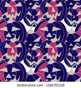 Halloween Background. Seamless Pattern with Carved Pumpkins. Jack o Lantern Seamless Texture. Scaring Faces on Pumpkins.